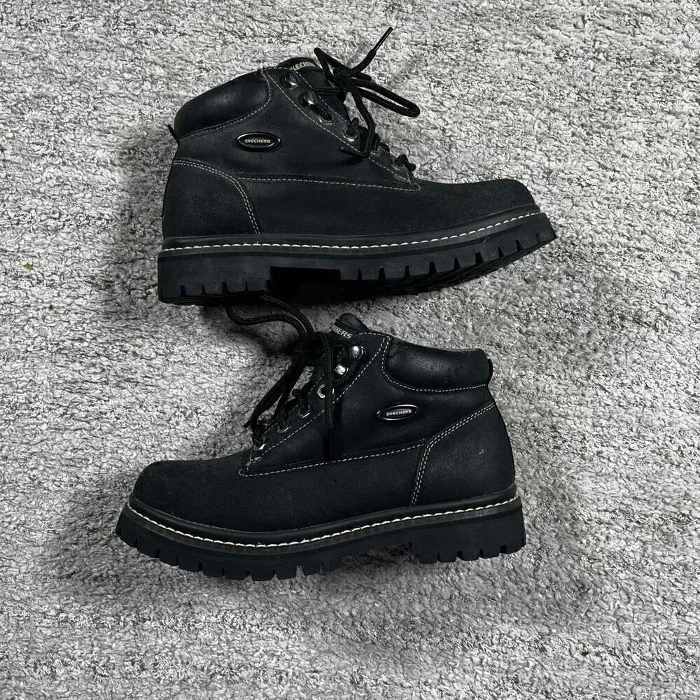 Vintage Y2K Skechers Boots Womens Chunky Work Ankle Bootie 2620 Black Leather
